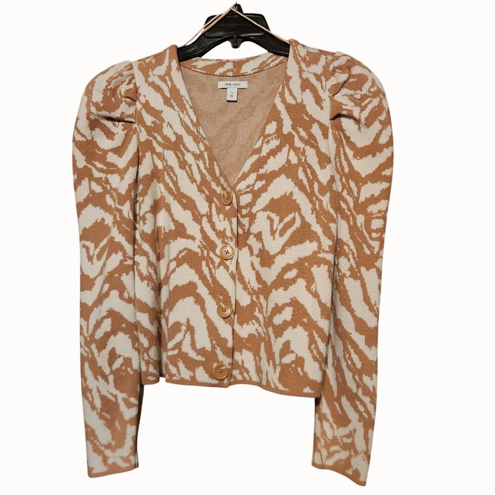 Tan & Cream Animal Print Puff Shoulder Cardigan with Button Front Size M
